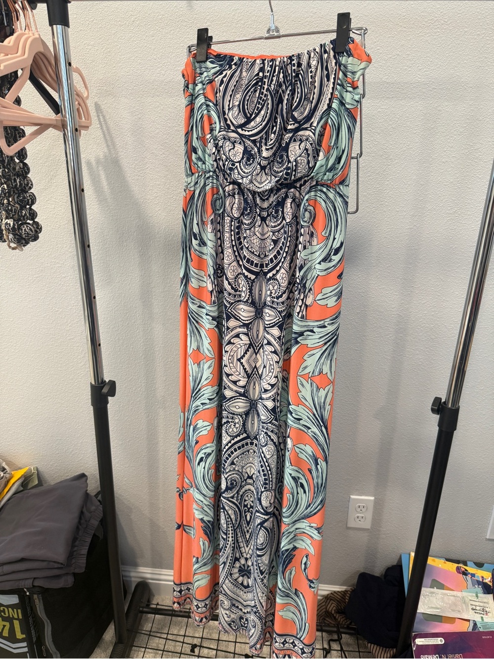 Windsor Coral, Mint & Navy Printed Strapless Maxi Dress Sz Medium lined